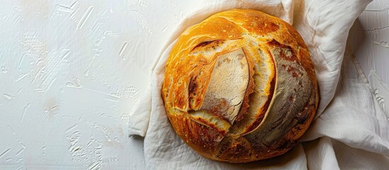 Poster - Top view of a healthy white bread loaf with a napkin on a white background creating a visually appealing copy space image