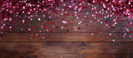 Poster - Heart shaped pink and red confetti arranged on a brown wooden backdrop creating a Valentine s Day theme with copy space for a greeting card