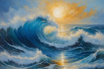 Wall Mural - Illustration of beautiful oil painting ocean waves crashing at sunset