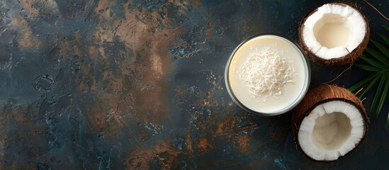 Poster - Coconut vegan milk and coconut in a glass on a dark background with copy space Alternative plant based drink concept captured from above