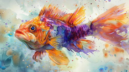 Wall Mural - A colorful fish with a blue eye is swimming in a watercolor painting