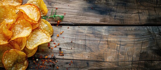 Aufkleber - A mouthwatering barbeque potato chip on wooden background with ample copy space image