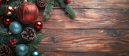Poster - Christmas themed greeting card with spruce branches festive ornaments and toys depicted on a rustic wooden background providing a charming copy space image