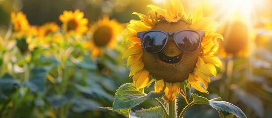 Sunflower with sunglasses under morning light perfect for a copy space image