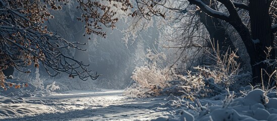 Poster - In winter icy trees and plants are highlighted in a nature themed copy space image
