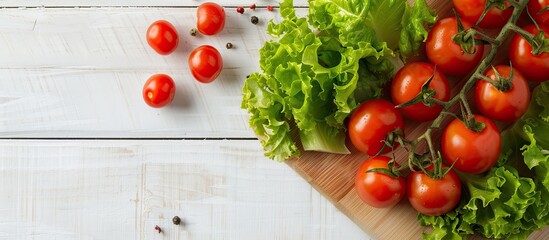 Aufkleber - Organic cherry tomatoes and green lettuce arranged on a cutting board on a white wooden table providing a fresh and vibrant copy space image