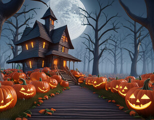 Halloween background with pumpkins and haunted house - 3D render. Halloween background with Evil Pumpkin. Spooky scary dark Night forrest. Holiday event halloween banner background concept