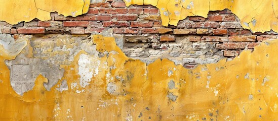 Aufkleber - Fragment of an aged brick wall from a yellow ruined building shown in a copy space image for design use