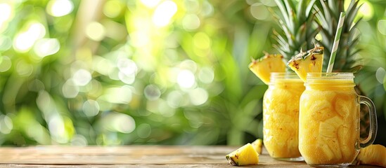 Poster - Pineapple smoothies in mason jars on a wooden table with a blurred background providing room for text in a copy space image