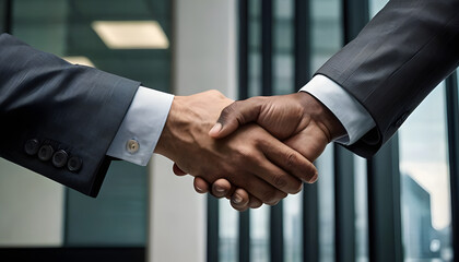 Handshake between two businessmen cheerful young manager handshake with new employee. Close up of handshake in office business meeting and partnership