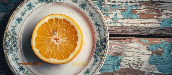 Fototapete - Vintage plate with a fresh orange slice showcased on a copy space image