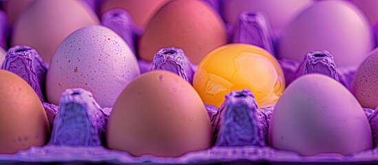 Fototapete - A close up horizontal image of numerous chicken eggs in a vibrant violet carton showcasing a visible egg yolk with space for additional content