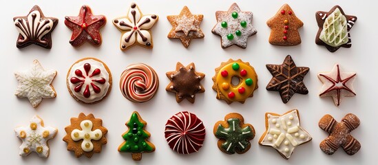 Aufkleber - Top view of a variety of colorful Christmas gingerbread cookies with a sugar glaze set on a white background with copy space image