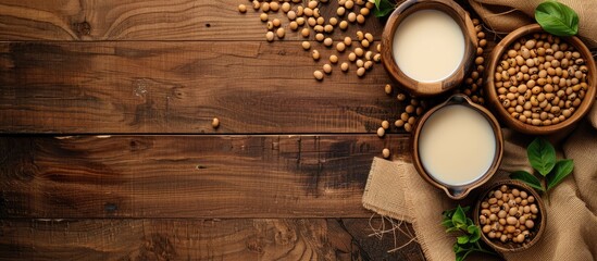Poster - Wooden table featuring fresh soy milk and beans displayed in a flat lay arrangement with ample space available for text in the image