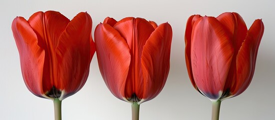 Poster - Three vibrant red tulips set against a white backdrop with space for text centered on the middle tulip. with copy space image. Place for adding text or design