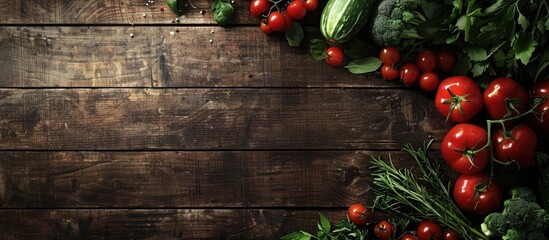 Aufkleber - An assortment of fresh vegetables displayed on a rustic wooden surface creates a wholesome organic nutrition setting viewed from above with a blank area for text or images. with copy space image