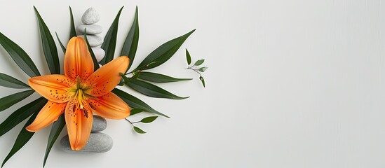 Leinwandbilder - Stone balance pyramid an orange lily and green leaves create a soothing spa relaxation concept on a white background with copy space image