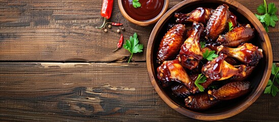 Aufkleber - Barbecue chicken wings on a rustic wooden table with a spacious copy space image