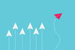 Red airplane changing direction. New idea, change