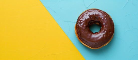 Poster - Copy space image featuring a chocolate donut placed on a blue and yellow background