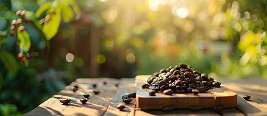 Aufkleber - Selective focus on coffee beans arranged on a wooden board in a garden with natural lighting creating a serene copy space image