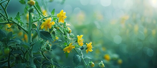 Leinwandbilder - Early summer shows vibrant yellow tomato flowers blooming beautifully perfect for a copy space image