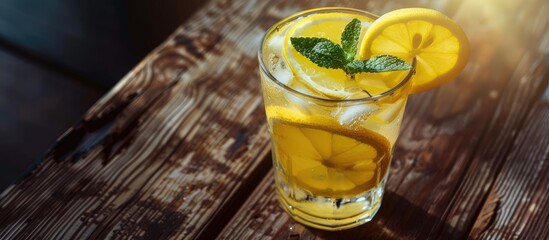 Poster - Selective focus on a cold refreshing glass of lemonade with a lemon slice mint and ice set on a dark wooden background offering empty copy space for text or images