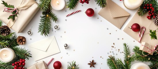 Aufkleber - White background with a collection of items like envelopes a blank card a Christmas wreath candles fir branches and decorations ideal for a copy space image