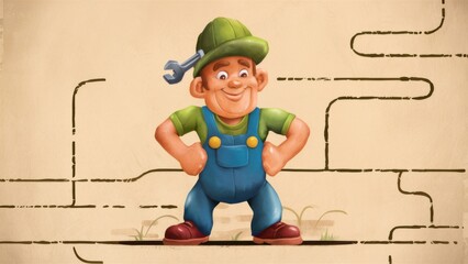 Sticker - A cartoon character of a plumber with his hands on hips, AI