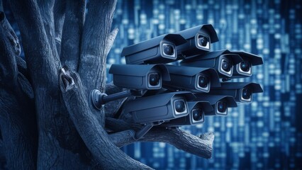 Sticker - A group of security cameras are mounted on a tree, AI