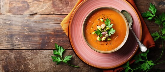 Aufkleber - A vintage pink plate on a brown wooden table holds a bowl of vegetable soup garnished with pistachios and parsley leaves in a top view copy space image
