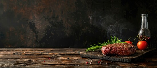 Fototapete - Beef steak displayed on a rustic table with a dark background providing ample copy space image