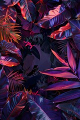 Wall Mural - vibrant tropical leaves in neon lights, abstract background, purple and orange foliage.
