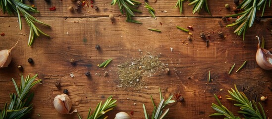 Fototapete - Rosemary arranged on a wooden surface with various spices surrounding it creating a visually appealing copy space image when viewed from the top