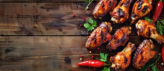 Aufkleber - Barbecue chicken wings on a rustic wooden table with a spacious copy space image