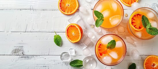 Aufkleber - Flat lay presentation of delectable cocktails featuring vibrant orange garnish fresh mint and ice spheres on a white wooden surface with available copy space for text