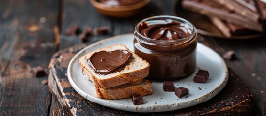 Leinwandbilder - Chocolate cream in an open glass jar and a slice of bread with a chocolate spread on a white plate against a dark wooden backdrop with copy space image