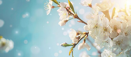 Poster - Pastel blue background showcasing spring blossoms on branches with copy space image