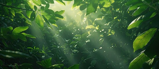 Fototapete - Sunlight filtering through a canopy creating a vibrant backdrop of green foliage with ample copy space image