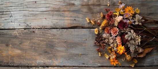 Leinwandbilder - An arrangement of dried flowers displayed on a weathered wooden surface with ample copy space for adding text to the image