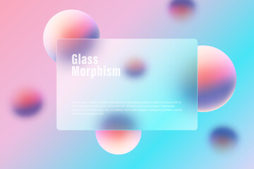 Wall Mural - Glass morphism landing page with rectangular frame and blurry floating colored spheres.