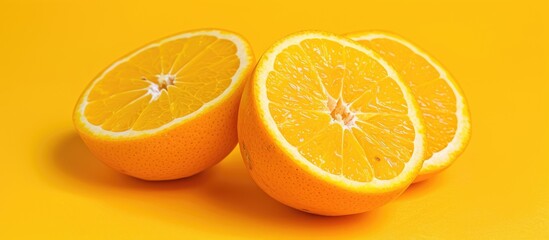 Fototapete - Cut oranges with a detailed texture on a yellow background Clipping path included for copy space image