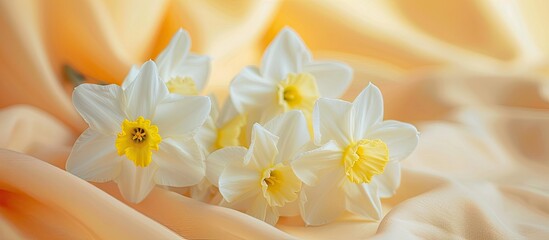 Aufkleber - Close up photo of a white daffodil bouquet with yellow fabric detail on a soft pastel background perfect for greeting cards or banners with copy space image