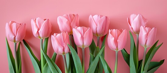 Fototapete - A bunch of pink tulips arranged on a pink backdrop with space for text or other elements in the image. with copy space image. Place for adding text or design