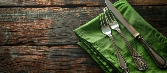 Poster - A place setting featuring silverware on a green napkin over a wooden surface with room for a copy space image