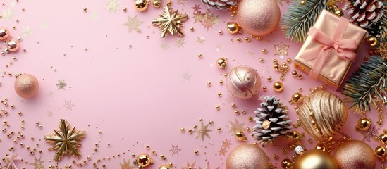 Poster - Festive Christmas theme with golden ornaments and a gift box forming a frame on a pink background Perfect for conveying holiday wishes with text on copy space image