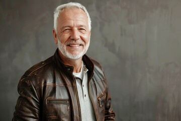 Wall Mural - Portrait of a smiling man in his 50s sporting a classic leather jacket isolated on minimalist or empty room background