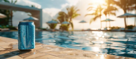 Aufkleber - Enjoy a refreshing cold drink in a blue can by the hotel pool with a relaxing summer vacation vibe at the resort featuring a pleasing copy space image