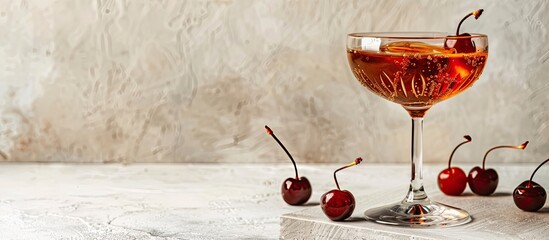 Aufkleber - A delicious Manhattan cocktail garnished with cherries is displayed against a light background with copy space image