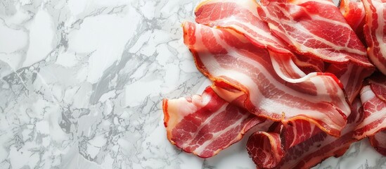 Aufkleber - Copy space image featuring raw bacon slices arranged on a light grey marble surface for a flat lay composition